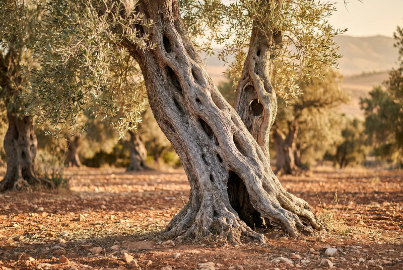 Jahrhundertealter Olivenbaum mit knorrigem Stamm in einem mediterranen Hain – Herkunft des Olivenholzes